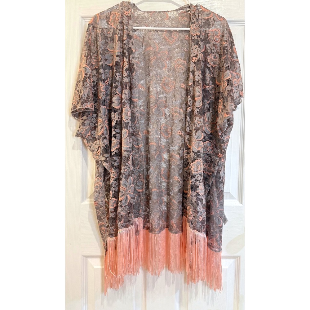 Kollie More Lace Kimono One Size Gray Pinkβ Floral Open Front Cardigan